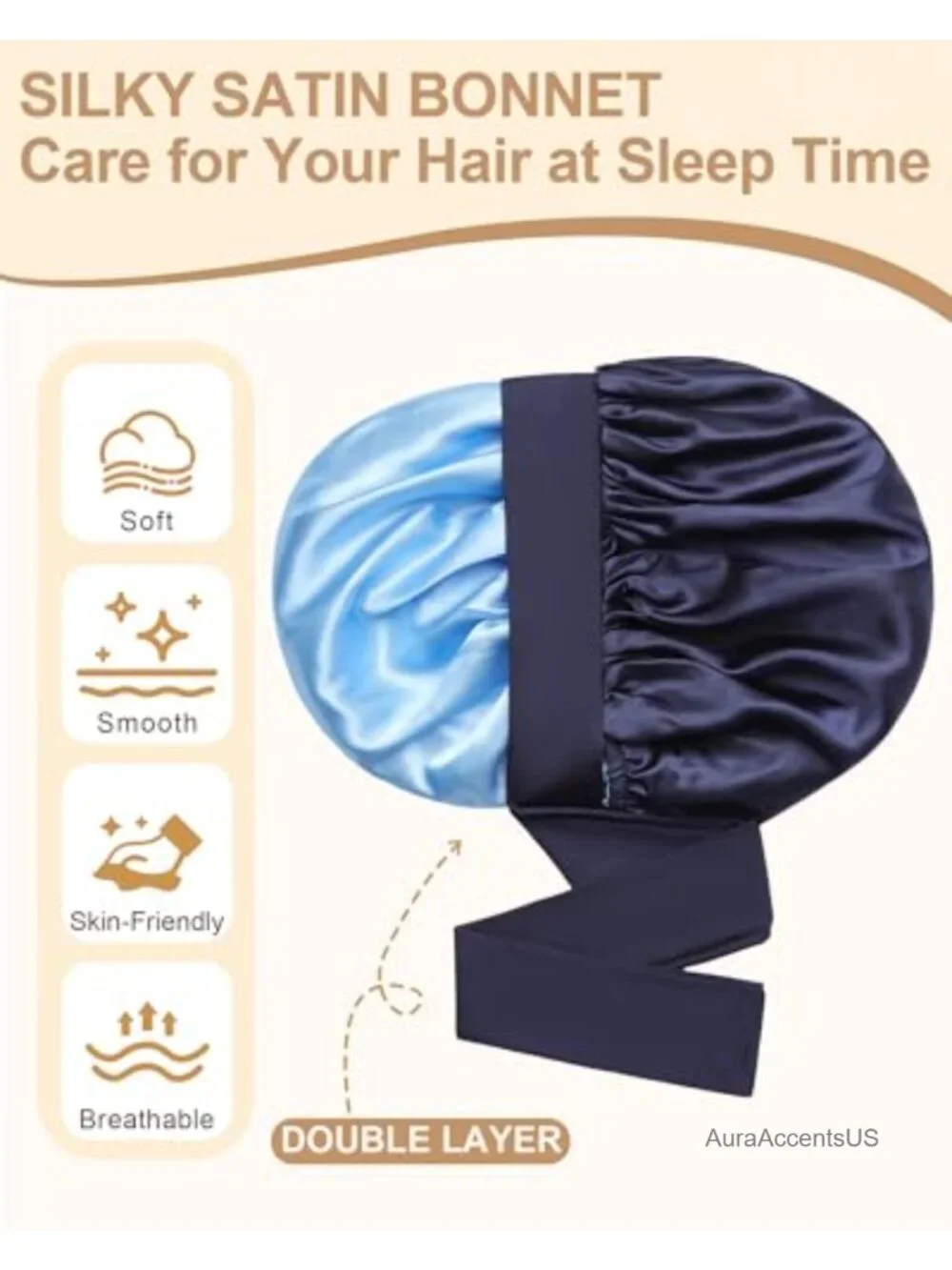 Reversible Satin Sleep Bonnet with Elastic Tie Band for Hair Protection
